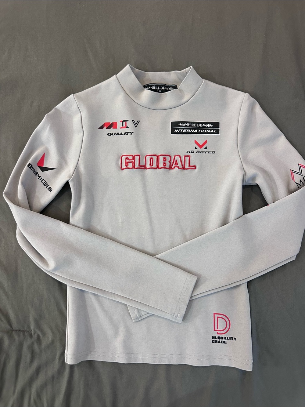 Maniere De Voir Grey Long Sleeve Graphic Logo Top with red Accents